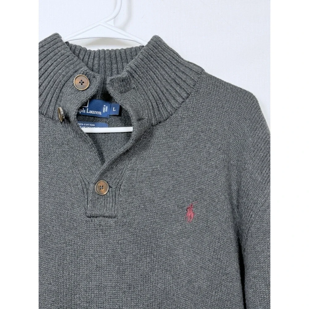 Vintage Polo Ralph Lauren‎ Sweater Mens Large Gray Cotton Shawl Collar Mock Neck